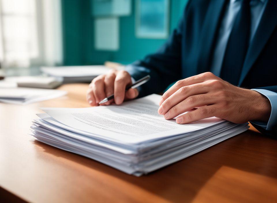 Legal advisor reviewing privacy documents in a Paris office with daylight across a wooden desk